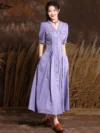 Women Clothing 2023 Summer V-Neck Denim Long Dress Boho Office Lady Lace-up Female Vestidos Retro Cardigan Purple Dresses 82615 1