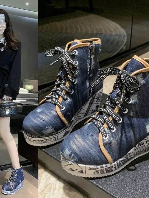 European and American Style Newspaper Bottom Personality Wedged Denim Fashion Boots 2023 New Lace-up Boots 1