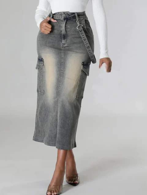 2024 British Style Slimming Sense of Design Pure Sweet and Spicy Style New Elastic Denim Skirt Long Skirt Pocket 1