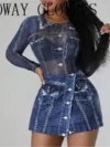 Women Chic Denim Pattern All Over Print Turn Down Neck Silt Button Decoration Sexy Mini Skirt Sets 1