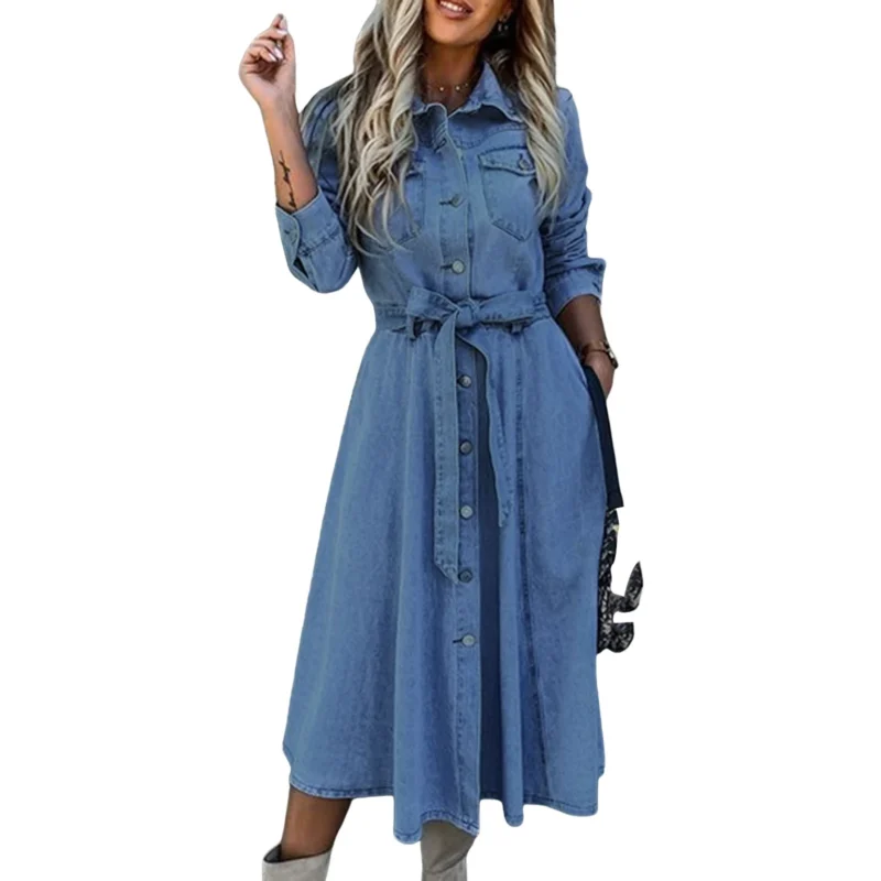 Women Classic Dress Single Breasted Solid Color Lapel Collar Dress with Pockets Loose Fit Long Sleeve Simple Daily Outfit 7