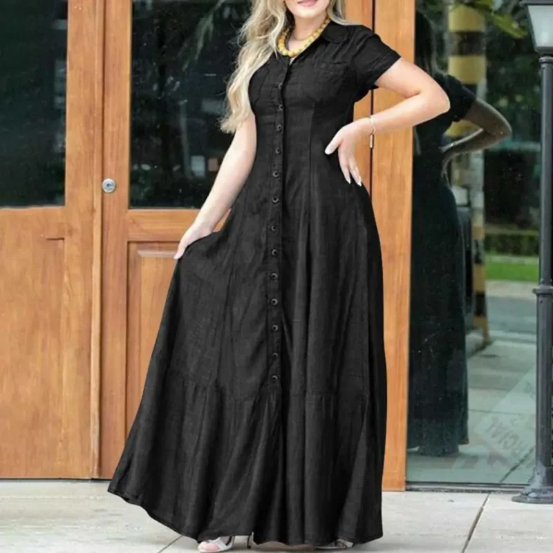 Women Denim Dress Elegant A-line Denim Dress with Ruffle Hem Patch Pockets for Women High Waist Short Sleeve Lapel Solid 2