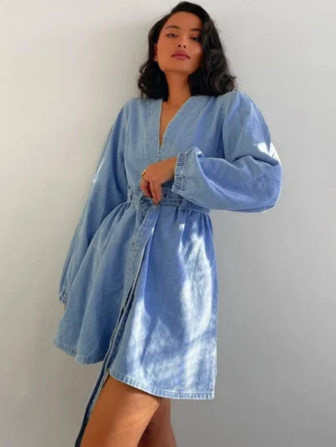 TARUXY Bandage Denim Dress For Women Sexy Deep V Neck Long Sleeve Slim Dresses Femme 2024 New Street Blue Elegant Dress Woman 3