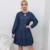 Blue temperament commuting casual bubble sleeve cover loose round neck hollowed out solid color denim skirt elegant dress 1