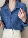 Denim Shirts Women Autumn Casual Fashion Blue Lapel Cotton Blouses Korean Loose Long Sleeve Cowboy Oversized Office Lady Tops 1