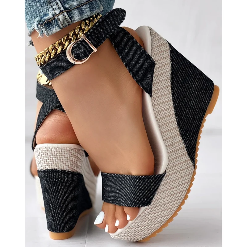 Fashion Women Denim Platform Wedge Summer Lady Peep Toe Sandals Casual Streetwear Korean Style Ankle Strap High Heel Shoes 5