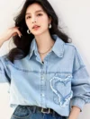 Blue Washed Denim Shirt For Women'S Spring 2024 New Versatile Retro Heart-Shaped Loose Shoulder Shirt 1