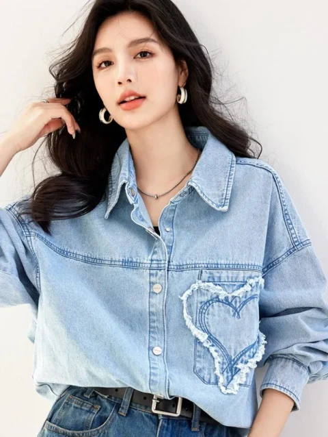 Blue Washed Denim Shirt For Women'S Spring 2024 New Versatile Retro Heart-Shaped Loose Shoulder Shirt 1