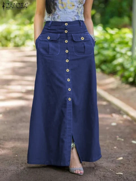 ZANZEA Women 2024 Denim Blue Maxi Skirt Vintage Skirts Summer Casual Solid Holiday Bottoms Lady A-line Button Up Skirt Oversized 1