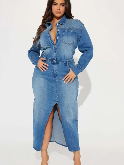 2024 Spring Latest Style Denim Young Sexy Faicycore Sweet Office Lady High-end Full Sleeve Women Long Pencil Spit Dress 1