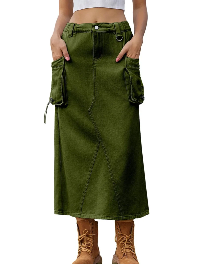 Edhomenn Women s Midi Cargo Skirt Solid Color Drawstring Denim Skirt with Pockets Y2k Long Skirt Streetwear 2