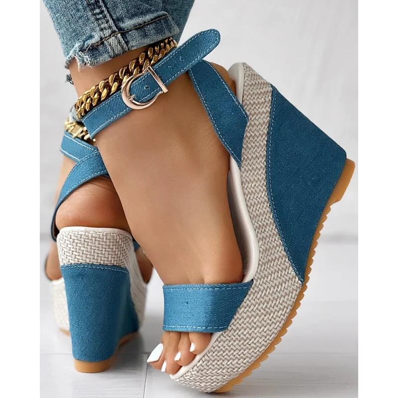 Fashion Women Denim Platform Wedge Summer Lady Peep Toe Sandals Casual Streetwear Korean Style Ankle Strap High Heel Shoes 4