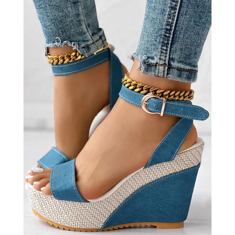 Fashion Women Denim Platform Wedge Summer Lady Peep Toe Sandals Casual Streetwear Korean Style Ankle Strap High Heel Shoes 3