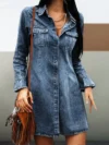 Women Button Down Dress with Pocket Sexy Denim Dress Fashion Solid Color Chic Club Party Mini Dress 1