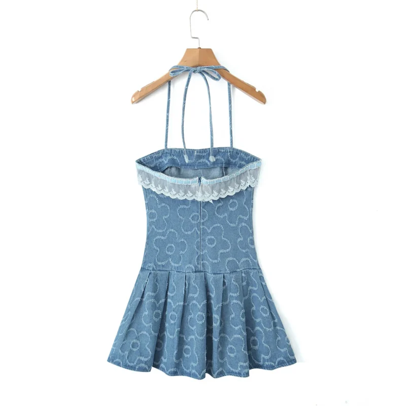 2024 Sexy Jacquard Weave Blue Denim Spliced Lace Slash Collar Bow Lacing Up Halter Mini Dress Women Low Waist Pleated Hem Robe 5