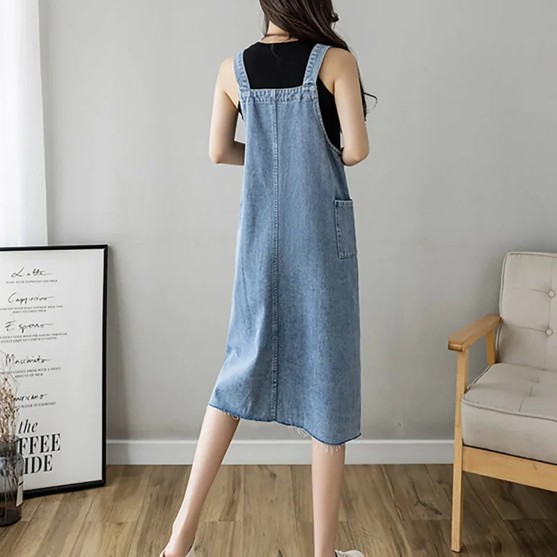 Women'S Denim Fabric Casual Fashionable Solid Color Loose Pocket Strap Skirt High Quality Slit Dress Strap Skirt فساتين السهرة 3