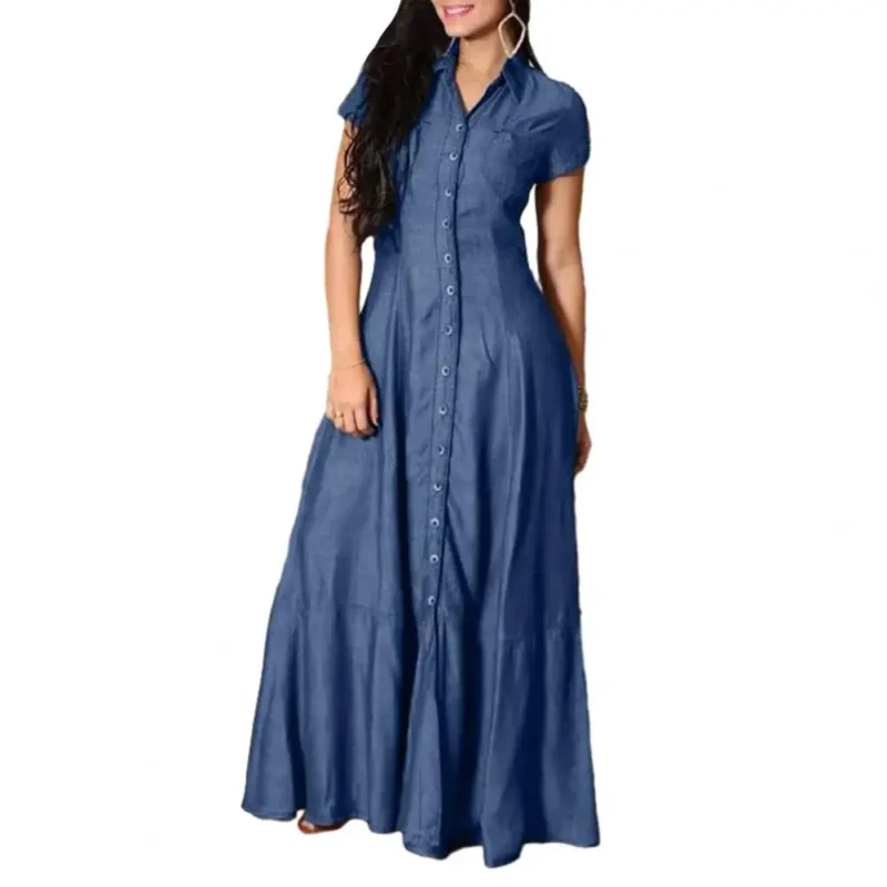 Women Denim Dress Elegant A-line Denim Dress with Ruffle Hem Patch Pockets for Women High Waist Short Sleeve Lapel Solid 3