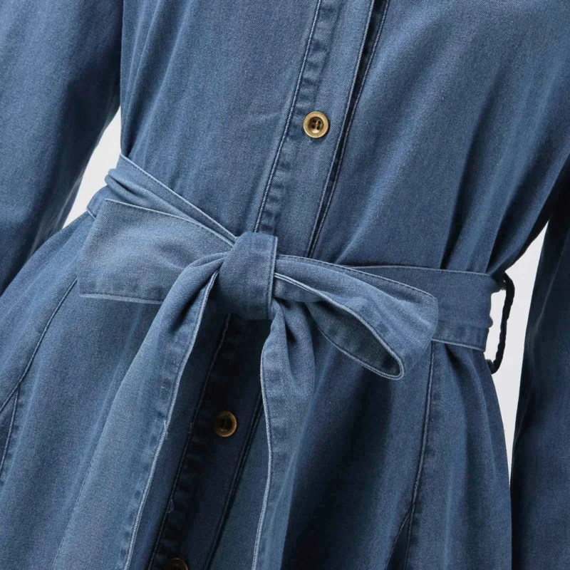 Womens Temperament Denim Dress Classic Blue V Collar Long Sleeve Retro Dress Tie Waist Buttons Pockets Dress Free Shipping 6