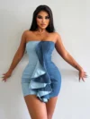 Dress for Women Ruffles Patchwork Denim Mini Dresses Fashion High Waisted Sleeveless Strapless Lady Sexy Hip Wrap Dress 2024 New 1