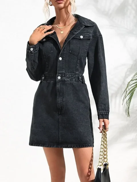 Lemon Gina Women Denim Single Breasted Long Sleeve Turn-down Collar Dress 2023 Street Fashion Jean A-line Dresses Vestidos 7