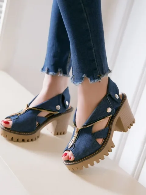 Big Size 43 Brand New Ladies Platform Summer Sadnals Fashion Denim Zipper Chunky High Heels women's Sandals Party Woman Shoes 1