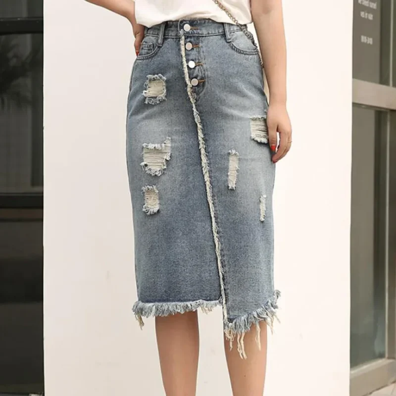 Women Denim Maxi Skirts Summer 2023 High Waist Plus Size Long Jean Skirt 4xl 5xl 6xl 7XL Irregular Ripped Hole Jupes Femininas 4