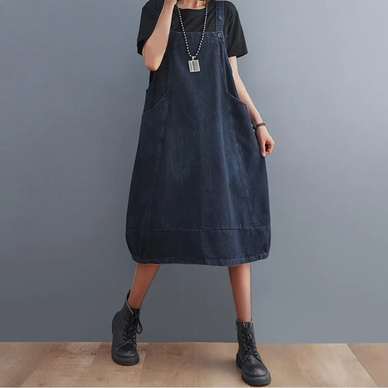 Vintage Sleeveless A-Line Denim Dress Women Summer Blue Jeans Dress Korean Style Oversized Loose Pockets Overalls Dresses 4