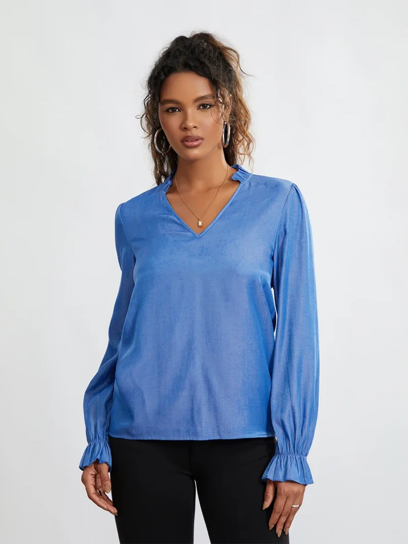 New Womens Notched V Neck T-Shirts Fashion Long Sleeve Solid Color Loose Frill Tops Spring Summer Shirts Skin Friendly Hot Sale 1