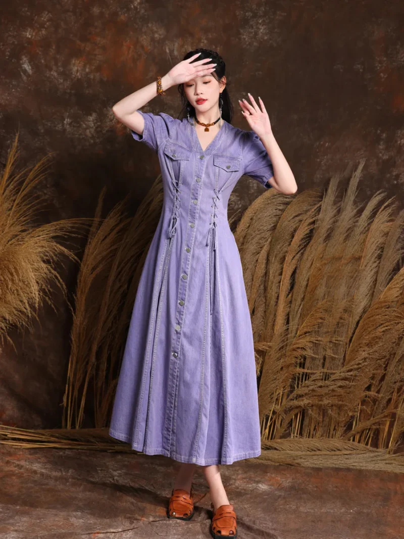 Women Clothing 2023 Summer V-Neck Denim Long Dress Boho Office Lady Lace-up Female Vestidos Retro Cardigan Purple Dresses 82615 3