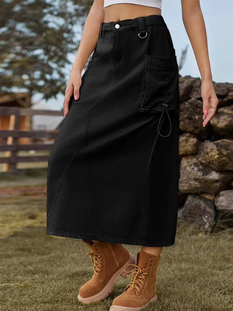 Edhomenn Women s Midi Cargo Skirt Solid Color Drawstring Denim Skirt with Pockets Y2k Long Skirt Streetwear 5