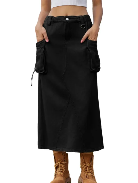 Edhomenn Women s Midi Cargo Skirt Solid Color Drawstring Denim Skirt with Pockets Y2k Long Skirt Streetwear 6