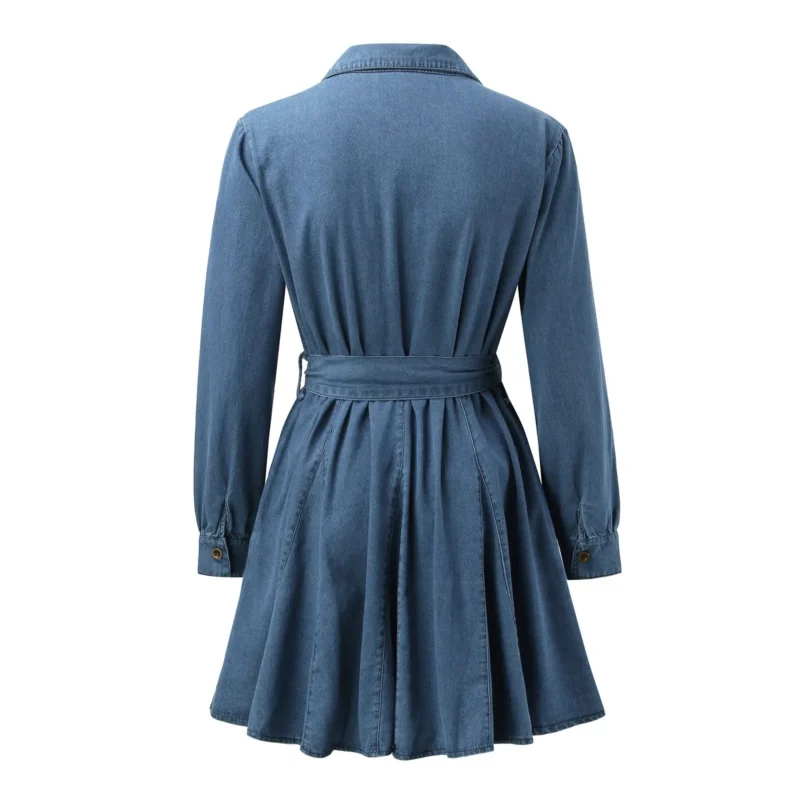 Womens Temperament Denim Dress Classic Blue V Collar Long Sleeve Retro Dress Tie Waist Buttons Pockets Dress Free Shipping 5