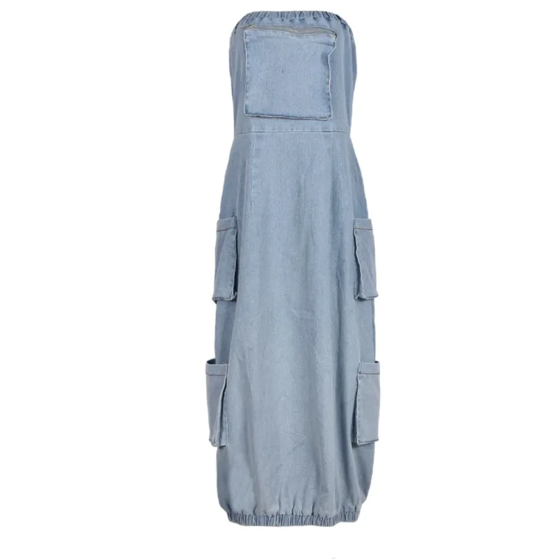 OLOMM 2024 Tube Top Pocket Sexy Backless Wash Denim Dress Zipper Pure Color Lady Mid Long Denim Dress 5