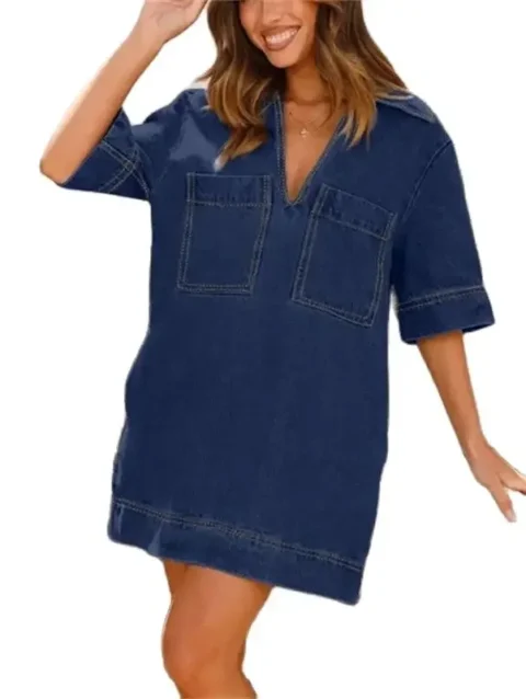 2024 Summer Thin Double Pockets Patchwork Denim Dress Women Daily Casual Gown Female Lapel Deep V-Neck Half Sleeve Loose Dresses 1