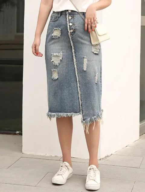 Women Denim Maxi Skirts Summer 2023 High Waist Plus Size Long Jean Skirt 4xl 5xl 6xl 7XL Irregular Ripped Hole Jupes Femininas 5