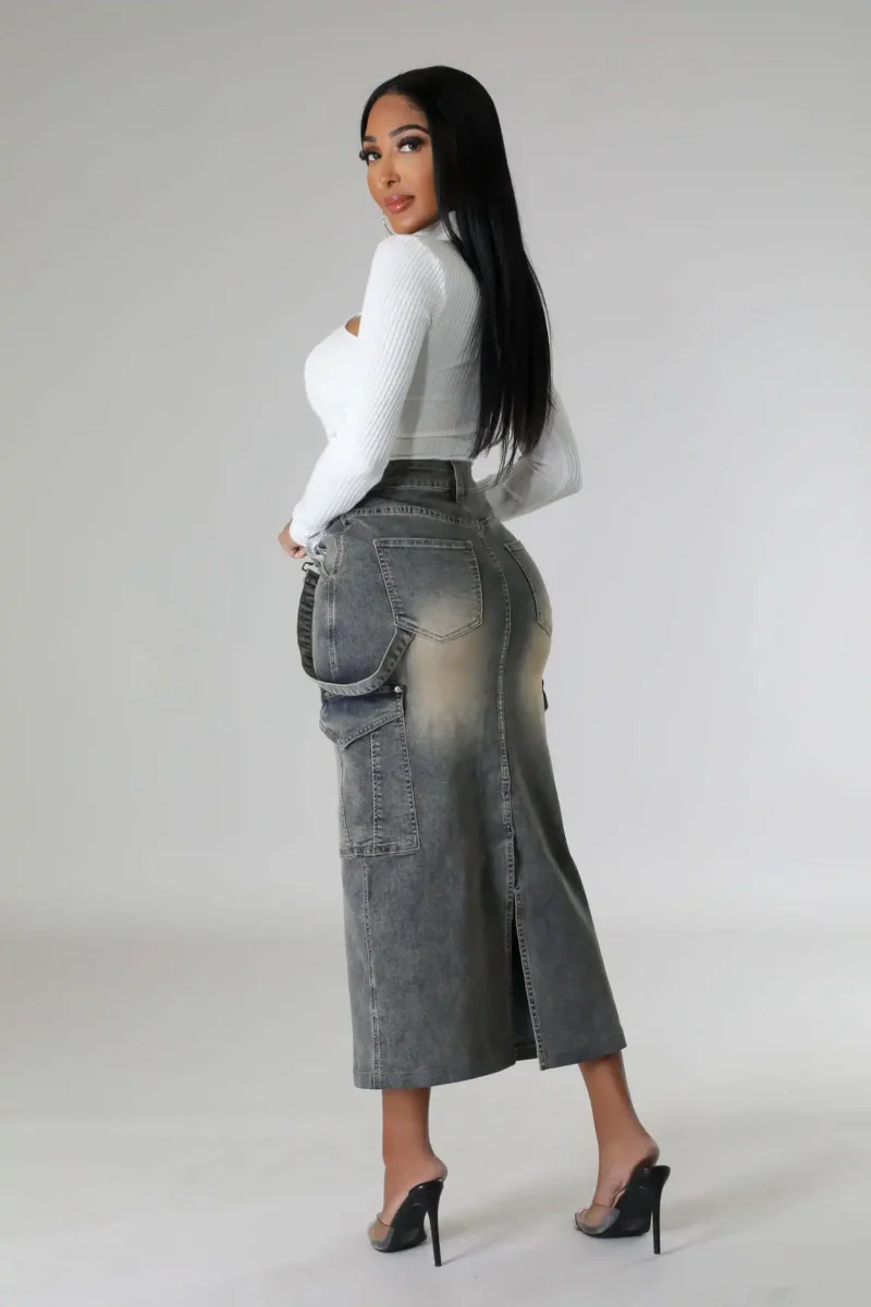 2024 British Style Slimming Sense of Design Pure Sweet and Spicy Style New Elastic Denim Skirt Long Skirt Pocket 4