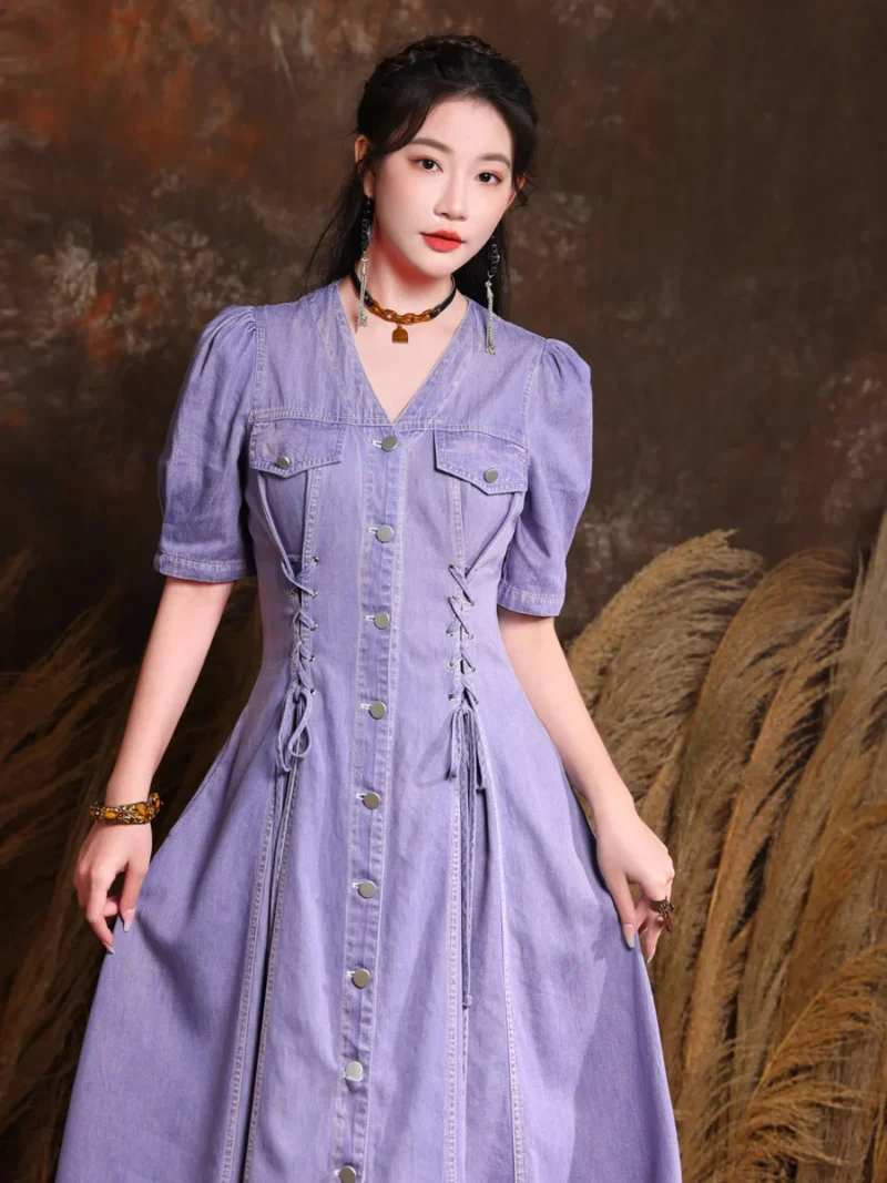 Women Clothing 2023 Summer V-Neck Denim Long Dress Boho Office Lady Lace-up Female Vestidos Retro Cardigan Purple Dresses 82615 2