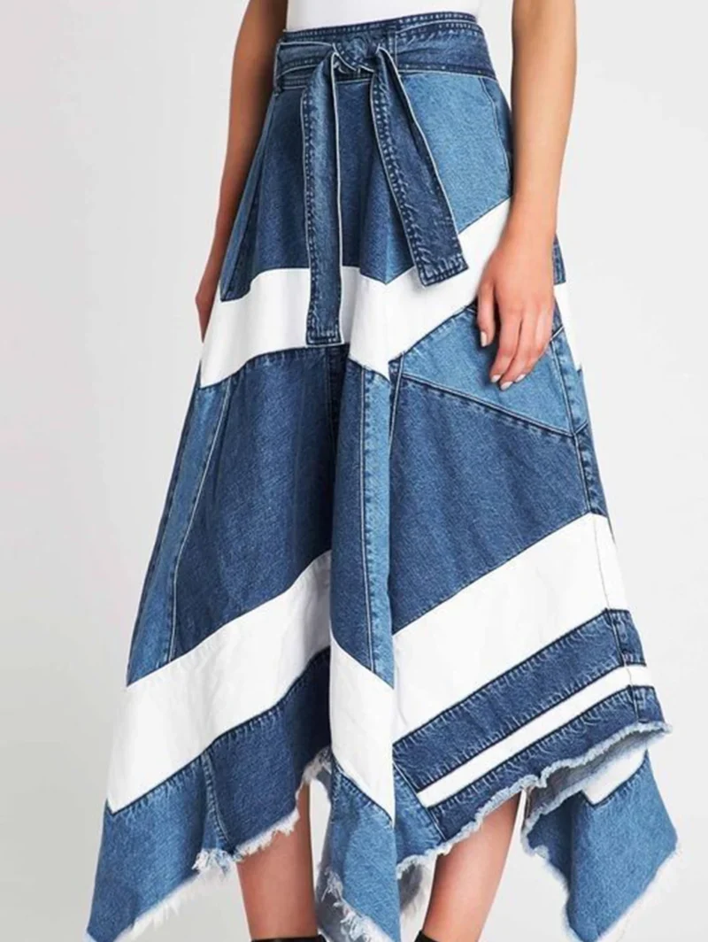 Patchwork Women's Denim Skirt Y2K Loose Irregular Straps High Waist Plus Size Ladies Over The Knee Skirt 2023 New Long Skirt 2