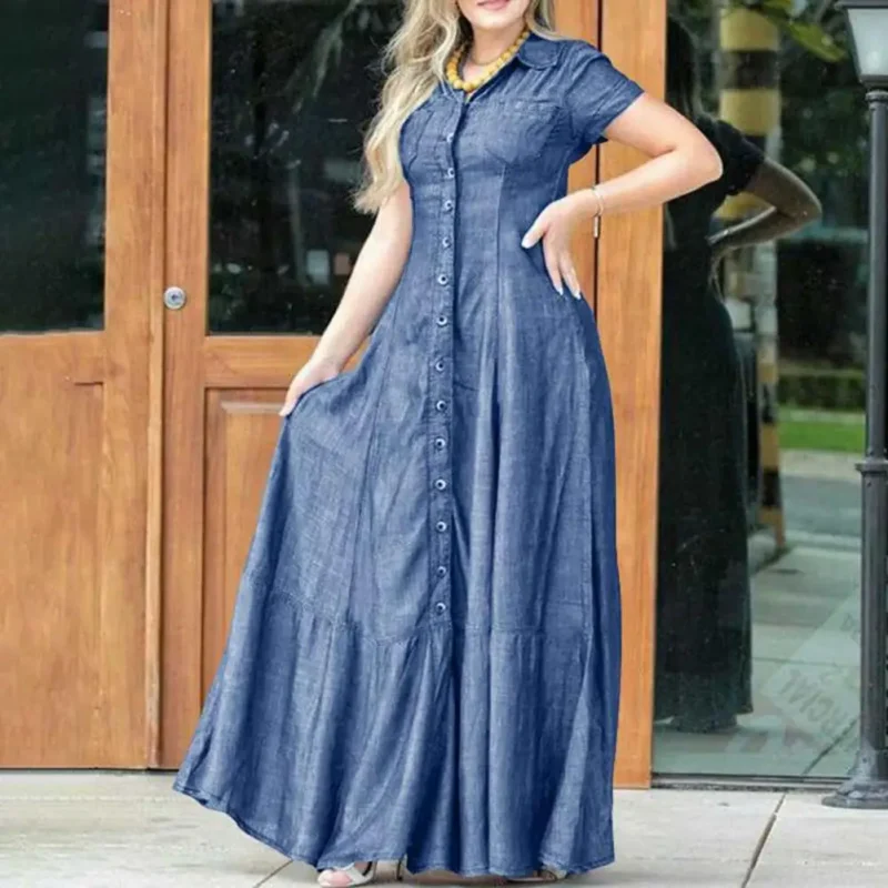 Women Denim Dress Elegant A-line Denim Dress with Ruffle Hem Patch Pockets for Women High Waist Short Sleeve Lapel Solid 6