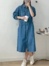 [EWQ] Safari Pocket Cardigan Waist Shirt Skirt Fashion Casual Lapel Long Sleeve Denim Dresses Women 2024 Spring Autumn 16U7781 5