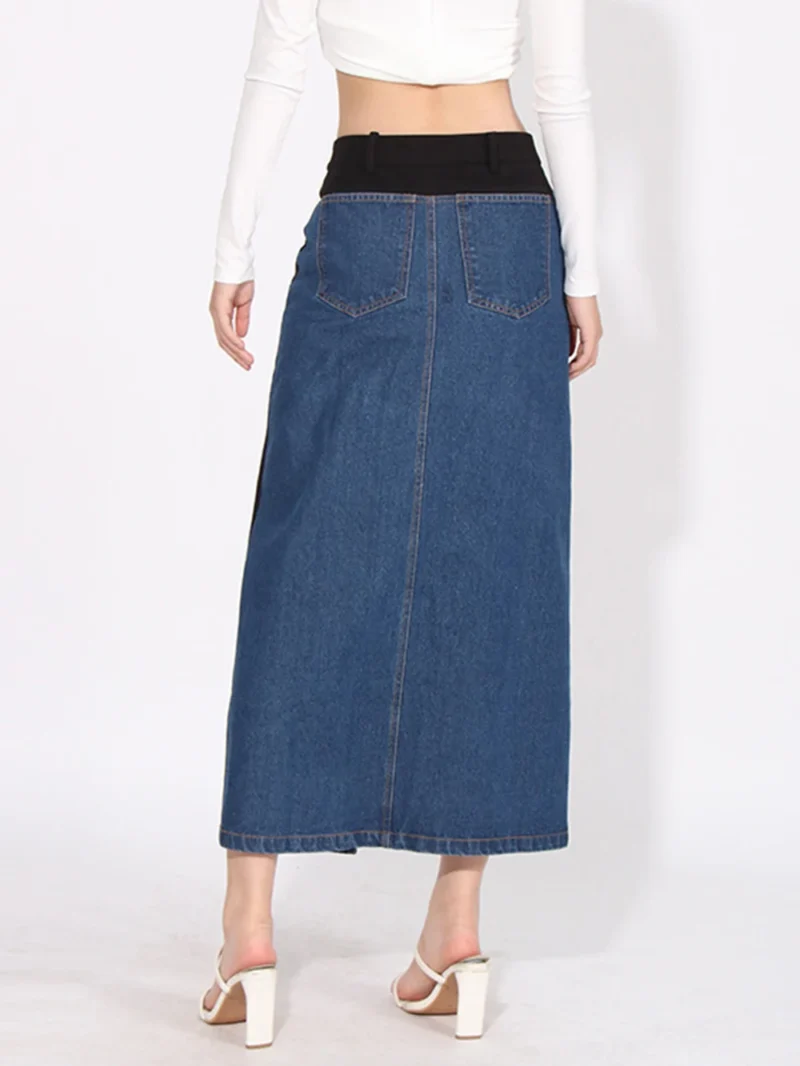 Modphy 2024 Women Fashion Front Slit Patchwork Blue Denim Skirt High Waist Slim Zipper Midi Skirts Female Casual Vintage Skirts 4