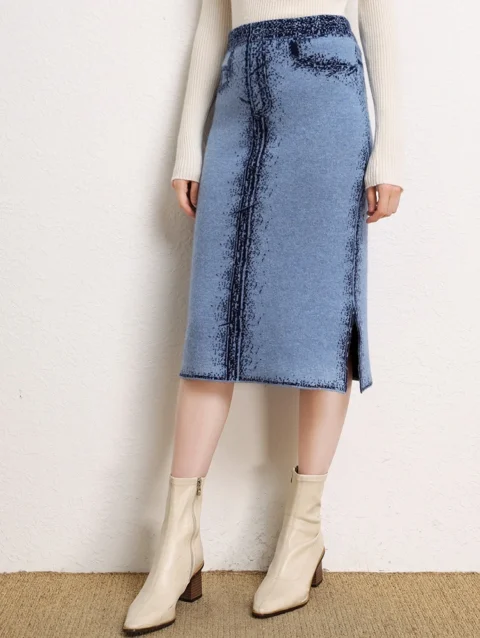 High-end Autumn Winter Women 100% Pure Cashmere  Denim skirt Soft Warm Cashmere Knitwear Female Grace Mid-Calf Dress New Fashion 5