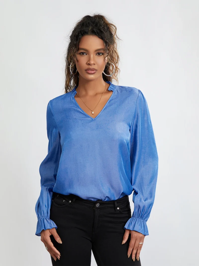 New Womens Notched V Neck T-Shirts Fashion Long Sleeve Solid Color Loose Frill Tops Spring Summer Shirts Skin Friendly Hot Sale 5