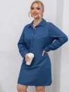 EWSFV 2022 Spring And Autumn Women New Style Commuter High Waist Lapel Blue Long Sleeved Denim Dress 1