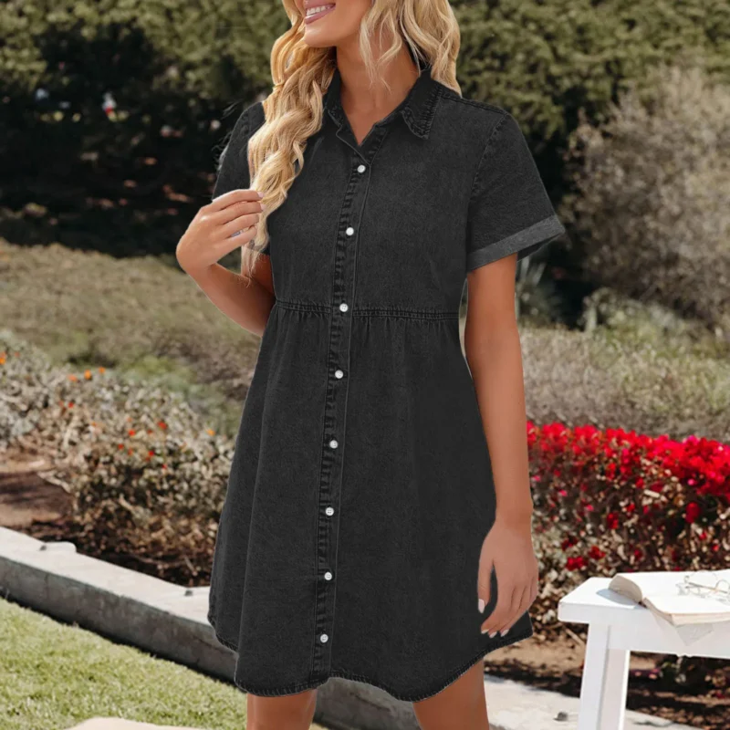 Women's Summer Casual Denim Dress Short Sleeve Button Front High Waist Denim Dress Female Party Jeans Dress Vestidos 4