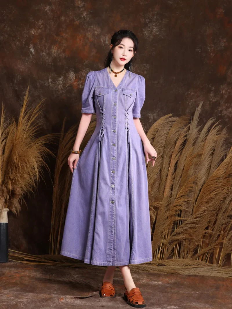 Women Clothing 2023 Summer V-Neck Denim Long Dress Boho Office Lady Lace-up Female Vestidos Retro Cardigan Purple Dresses 82615 4