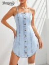 Benuynffy Summer Y2k Denim Short Dress Streetwear Women Single Breasted Fashion Slim Spaghetti Strap Mini Party Dresses 1