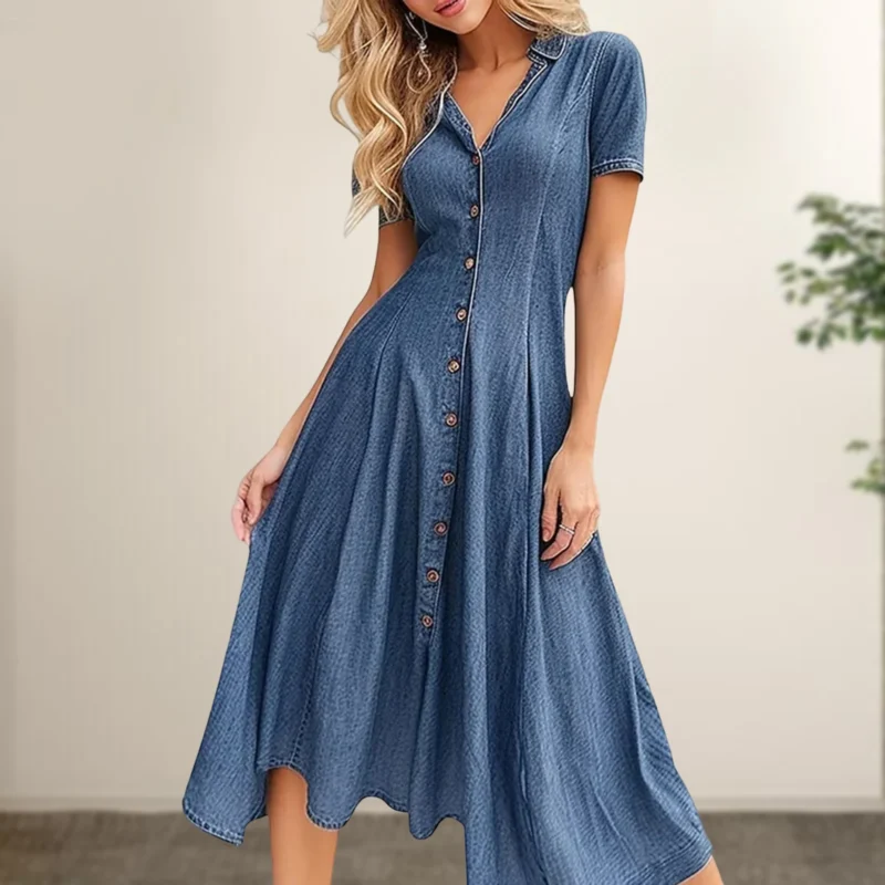 Button Down Women Short Sleeve Dress Solid Color Lapel Collar Short Denim Dress Blouse Long Dress Vintage Style Daily Outfit 1