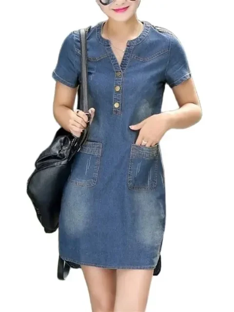 Women Korean Double Pockets Decoration Casual Gown Summer Short Sleeve Button Splicing V Neck Denim Dresses Daily Commuter Dress 1