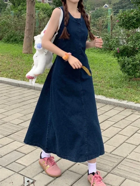 Denim Long Dresses for Women Drawstring Hollow Out Holiday College Sundress Young Fashion Cute Female Summer Sleeveless Vestidos 4